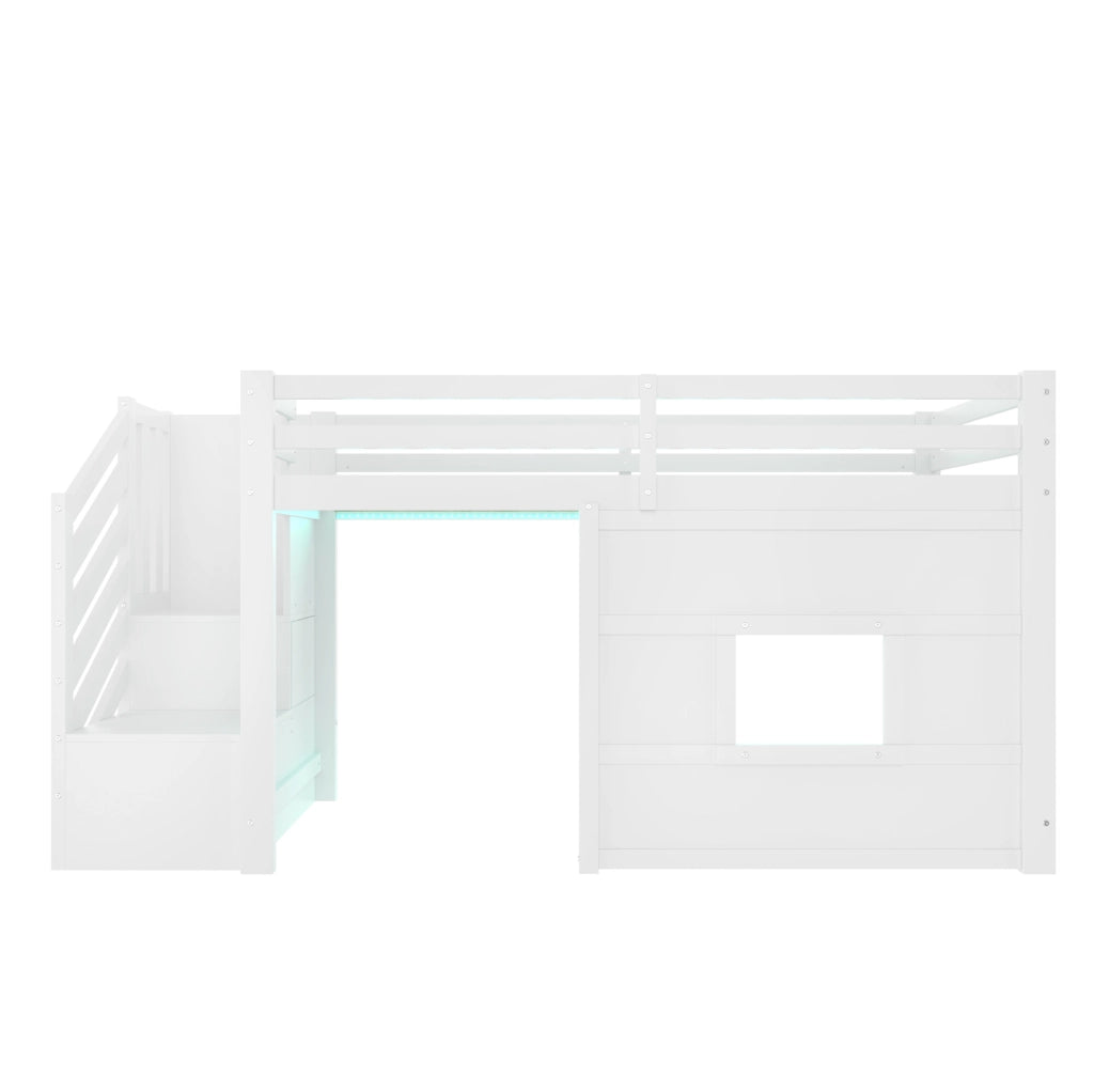 Letto a soppalco 90x200 cm bianco con scala contenitore e finestra