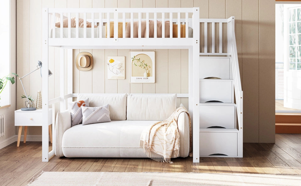 Letto a soppalco 140x200 cm con scala contenitore e sbarre di sicurezza in legno bianco