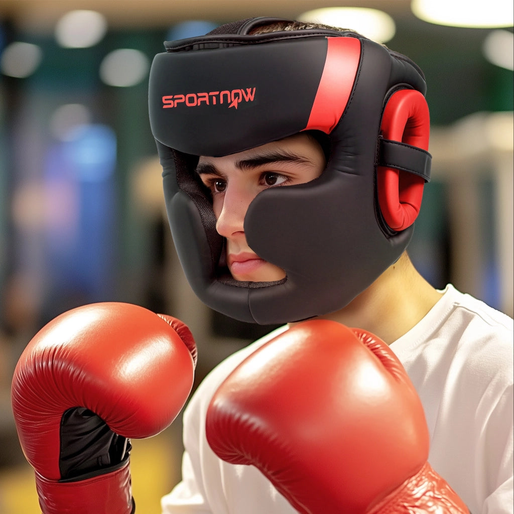 Casco da Boxe MMA con Cinturino Regolabile ¨C Minimal ¨C Rosso e Nero