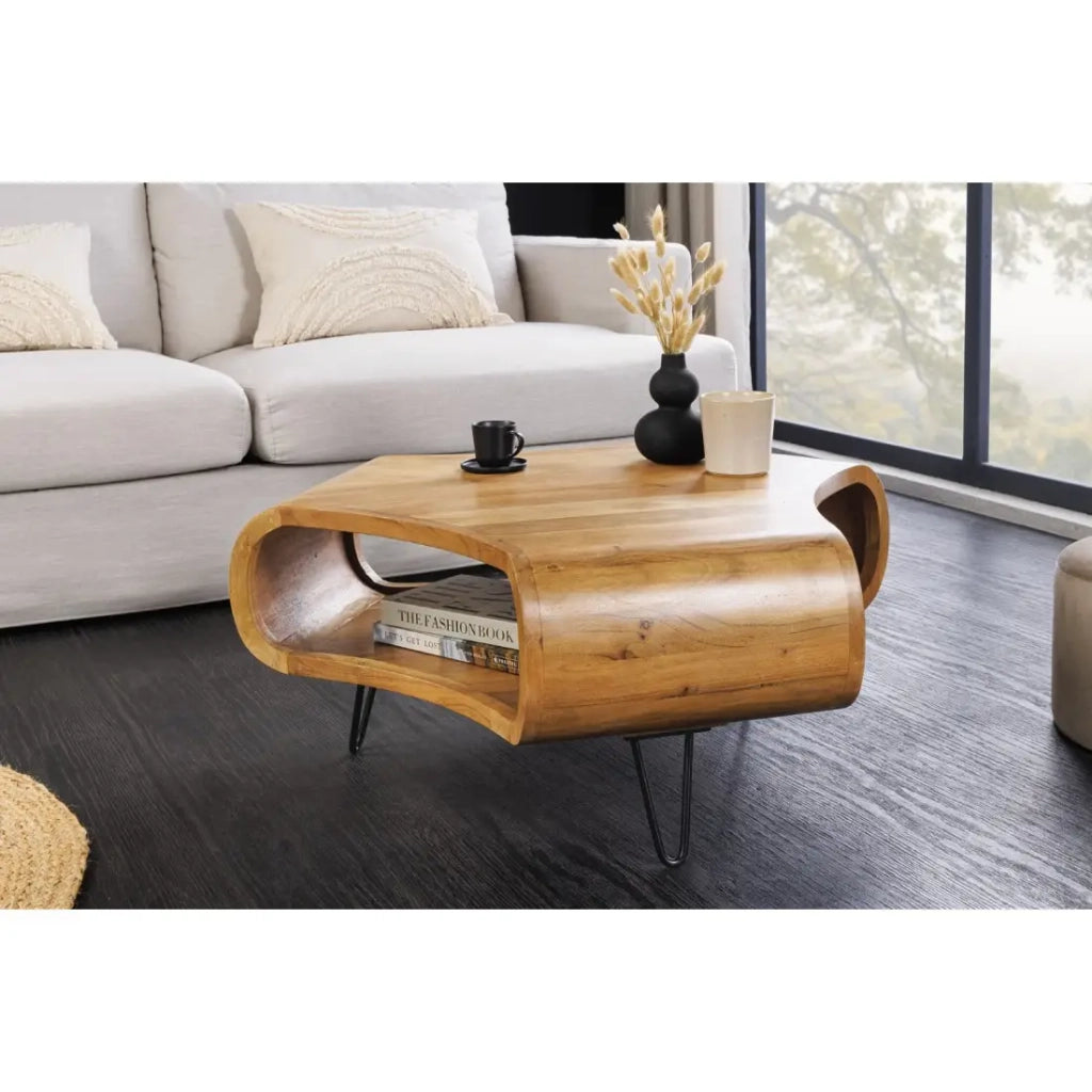 Tavolino basso NERA 90 cm in legno massiccio di acacia con nicchia e gambe in metallo nero – stile retrò industriale