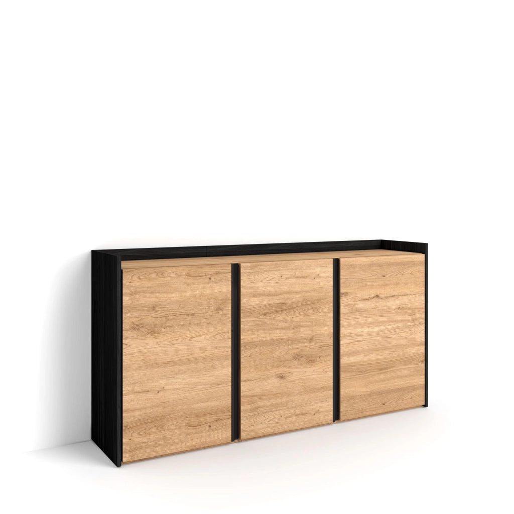 Credenza, Mobile, Cucina, 156x80x35 cm, 3 Porte, grande stoccaggio, Rovere e nero