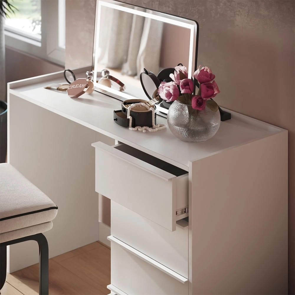 Tavolo da toeletta Viktoria, Bianco, 110 cm con 4 cassetti, porta un tocco moderno all’ambiente