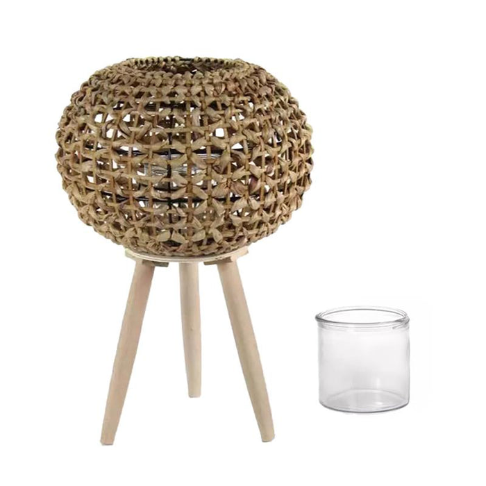 LANTERNA PORTACANDELA NATURALE TONDA STRUTTURA IN METALLO CON INTRECCIO IN BAMBÙ E BICCHIERE IN VETRO 36X60 CM