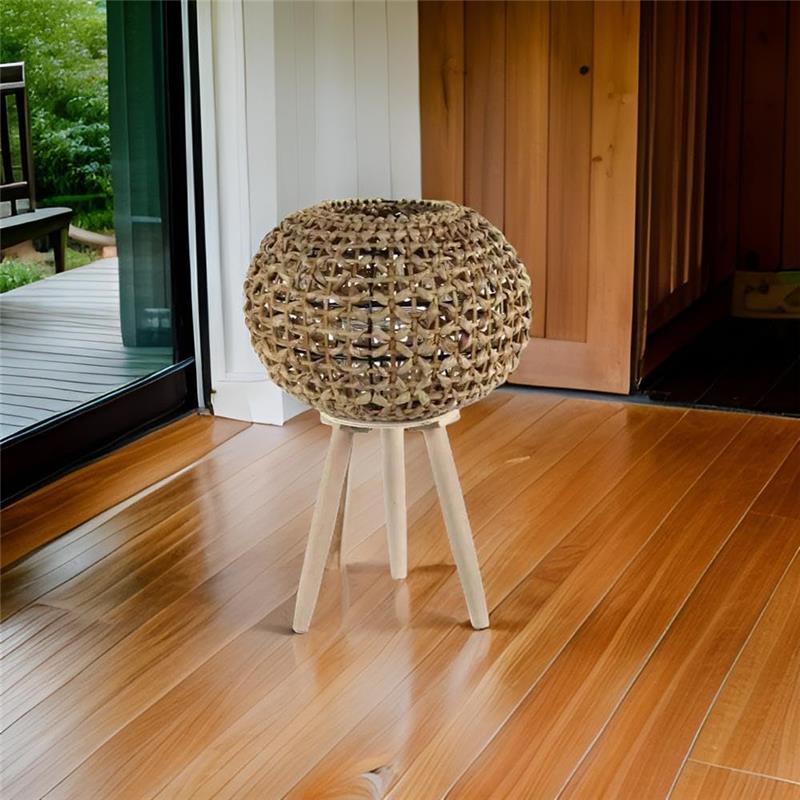 LANTERNA PORTACANDELA NATURALE TONDA STRUTTURA IN METALLO CON INTRECCIO IN BAMBÙ E BICCHIERE IN VETRO 36X60 CM