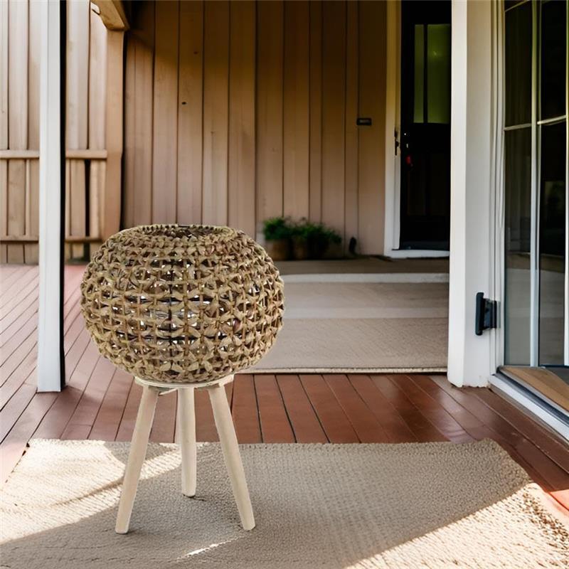 LANTERNA PORTACANDELA NATURALE TONDA STRUTTURA IN METALLO CON INTRECCIO IN BAMBÙ E BICCHIERE IN VETRO 36X60 CM