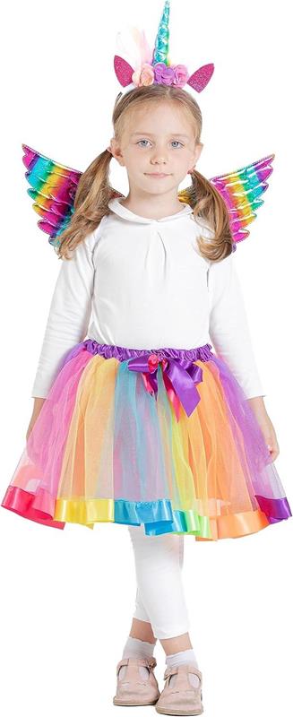 KIT TRAVESTIMENTO RAINBOW UNICORN CON GONNA TUTU, ALI E CERCHIETTO CON CORNO - UNICORNO 3/6 ANNI