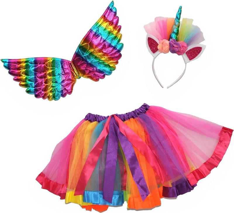 KIT TRAVESTIMENTO RAINBOW UNICORN CON GONNA TUTU, ALI E CERCHIETTO CON CORNO - UNICORNO 3/6 ANNI