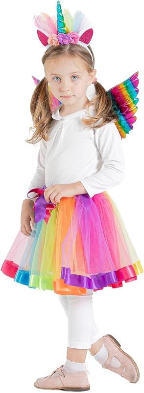 KIT TRAVESTIMENTO RAINBOW UNICORN CON GONNA TUTU, ALI E CERCHIETTO CON CORNO - UNICORNO 3/6 ANNI