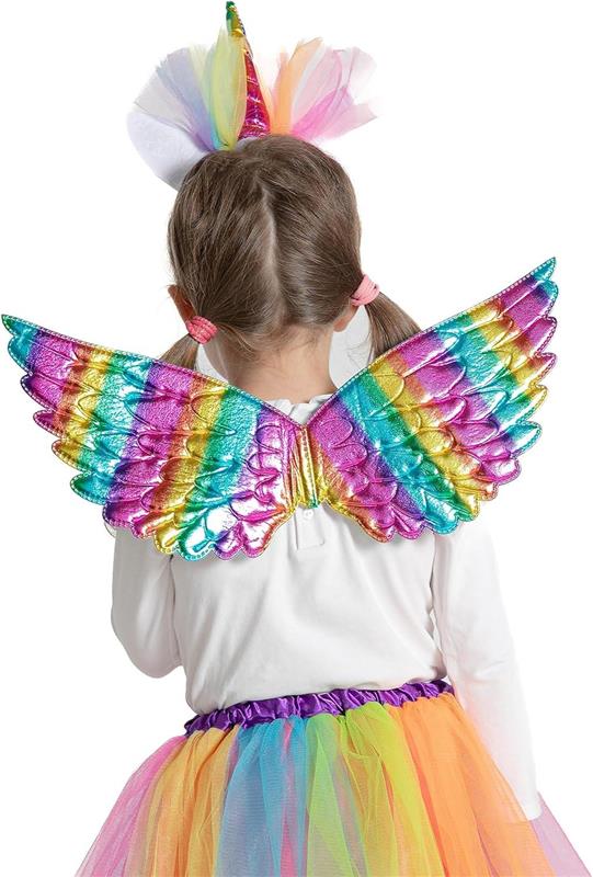 KIT TRAVESTIMENTO RAINBOW UNICORN CON GONNA TUTU, ALI E CERCHIETTO CON CORNO - UNICORNO 3/6 ANNI