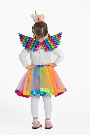 KIT TRAVESTIMENTO RAINBOW UNICORN CON GONNA TUTU, ALI E CERCHIETTO CON CORNO - UNICORNO 3/6 ANNI