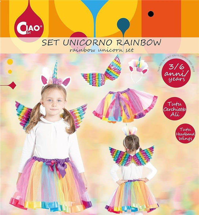 KIT TRAVESTIMENTO RAINBOW UNICORN CON GONNA TUTU, ALI E CERCHIETTO CON CORNO - UNICORNO 3/6 ANNI