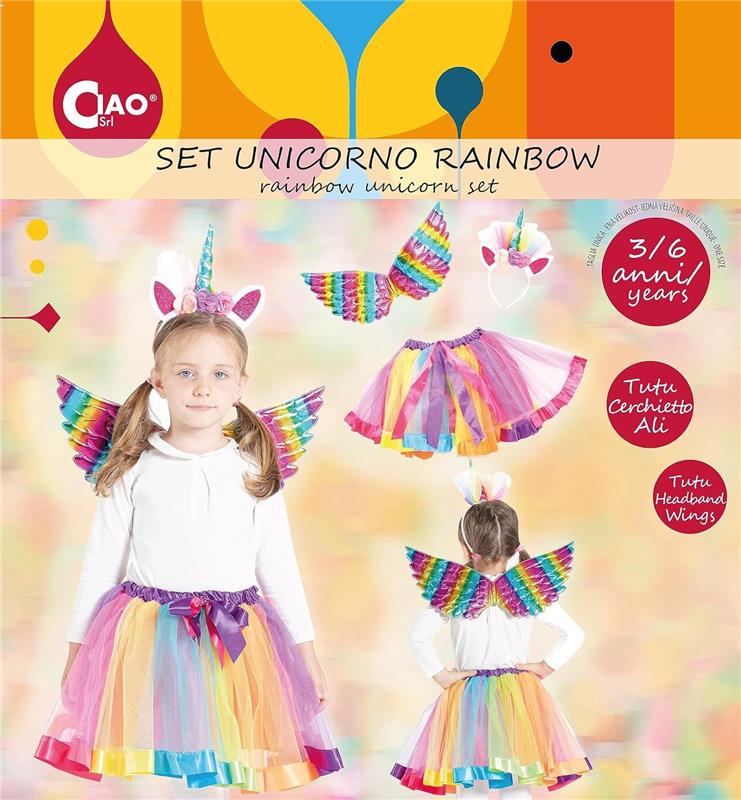 KIT TRAVESTIMENTO RAINBOW UNICORN CON GONNA TUTU, ALI E CERCHIETTO CON CORNO - UNICORNO 3/6 ANNI