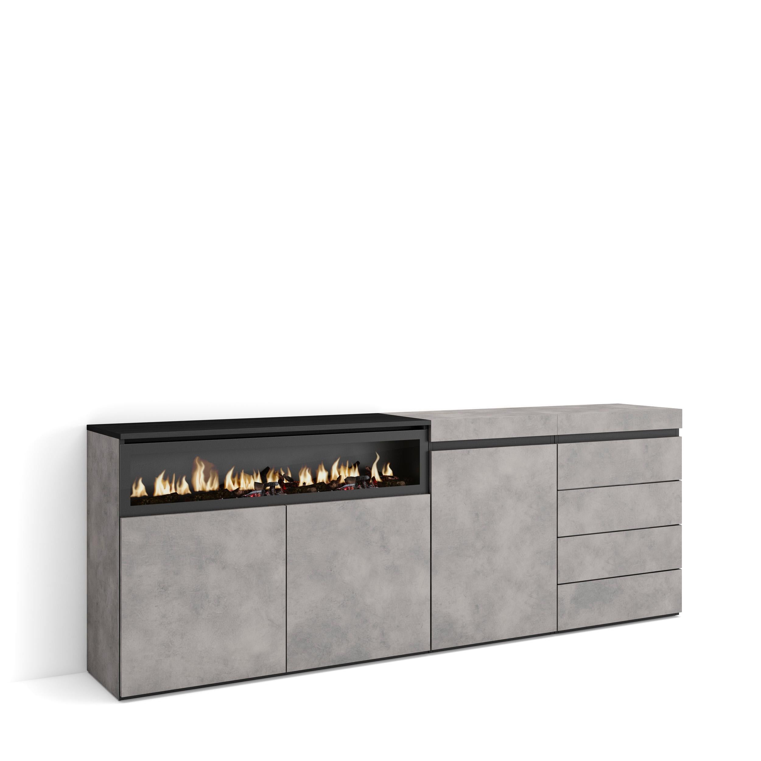 Credenza, 207x35x75cm, Camera da letto, Camino elettrico, Cassettiera, grigio cemento RF3408
