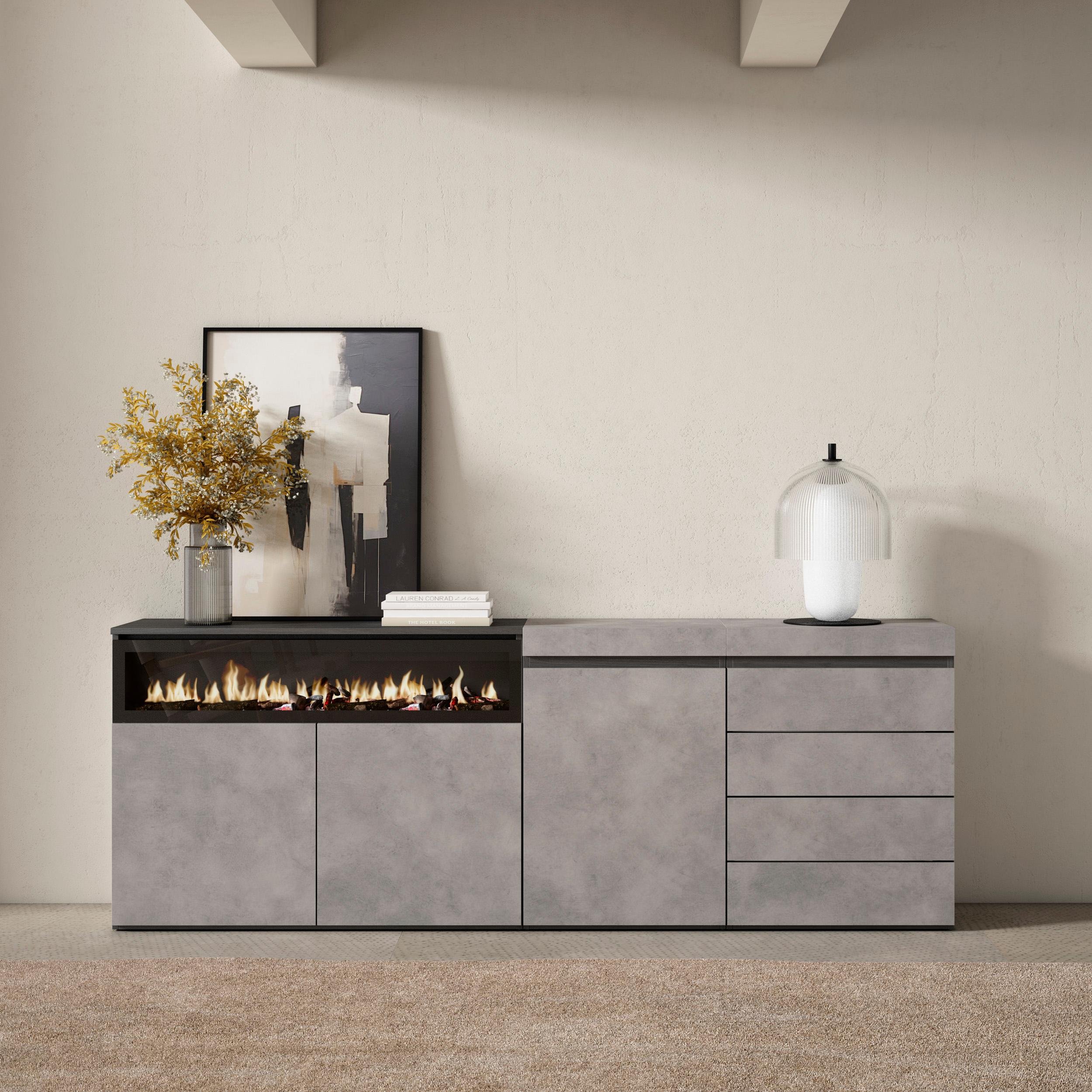 Credenza, 207x35x75cm, Camera da letto, Camino elettrico, Cassettiera, grigio cemento RF3408