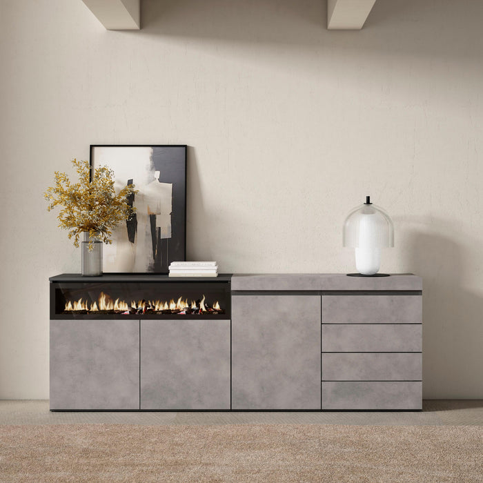 Credenza, 207x35x75cm, Camera da letto, Camino elettrico, Cassettiera, grigio cemento RF3408