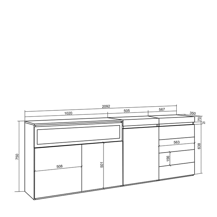 Credenza, 207x35x75cm, Camera da letto, Camino elettrico, Cassettiera, grigio cemento RF3408
