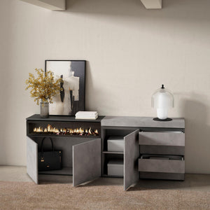 Credenza, 207x35x75cm, Camera da letto, Camino elettrico, Cassettiera, grigio cemento RF3408