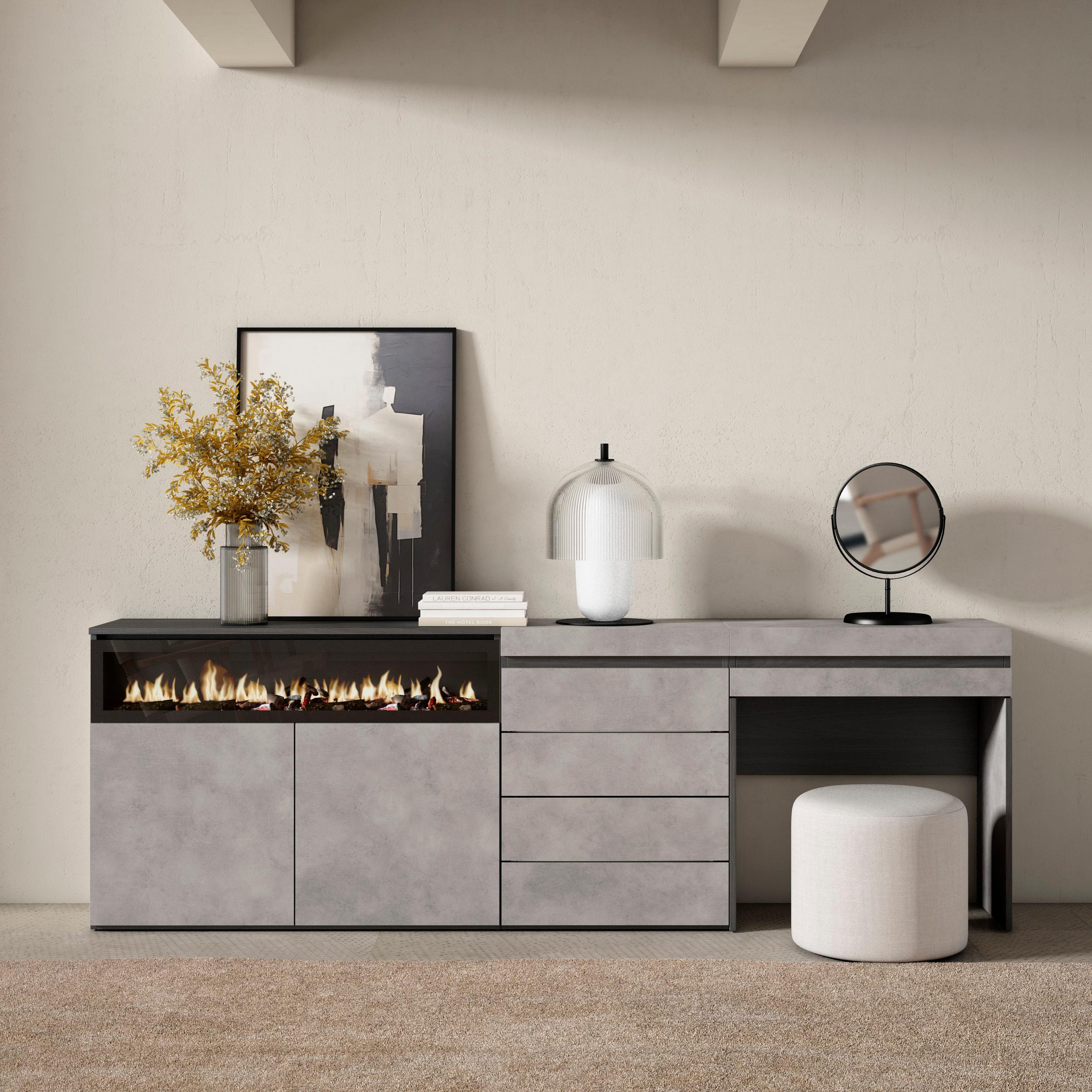 Credenza, 227x35x75cm, Camera da letto, Camino elettrico, Cassettiera, Tavolo da toeletta, grigio cemento RF3407
