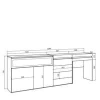 Credenza, 227x35x75cm, Camera da letto, Camino elettrico, Cassettiera, Tavolo da toeletta, grigio cemento RF3407