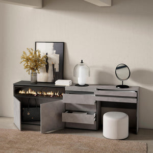 Credenza, 227x35x75cm, Camera da letto, Camino elettrico, Cassettiera, Tavolo da toeletta, grigio cemento RF3407