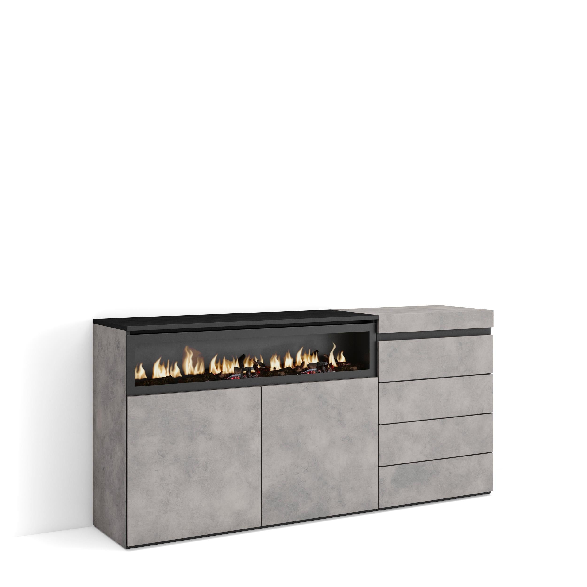 Credenza, 157x35x75cm, Camera da letto, Camino elettrico, Cassettiera, grigio cemento RF3406