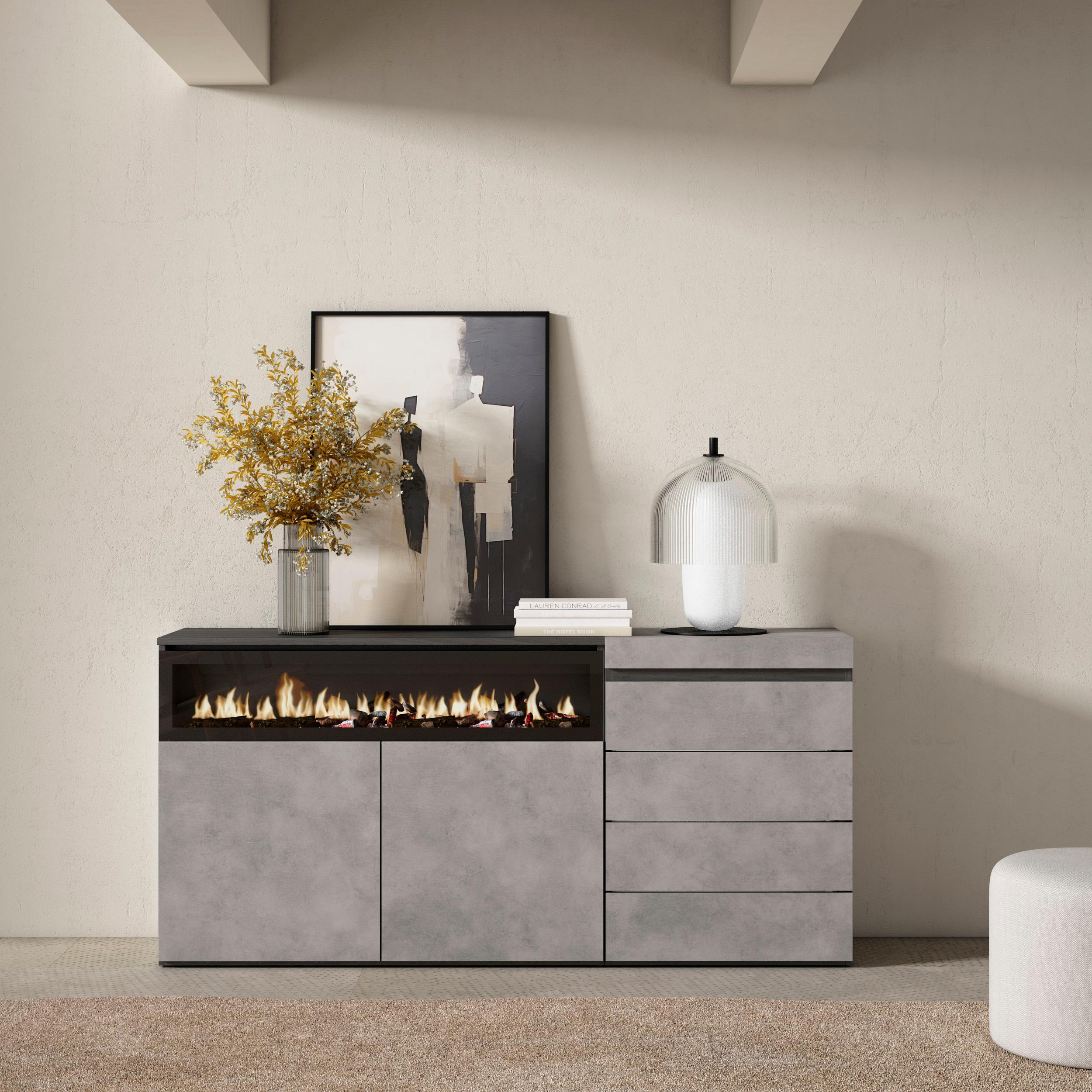 Credenza, 157x35x75cm, Camera da letto, Camino elettrico, Cassettiera, grigio cemento RF3406