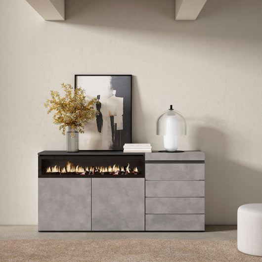 Credenza, 157x35x75cm, Camera da letto, Camino elettrico, Cassettiera, grigio cemento RF3406