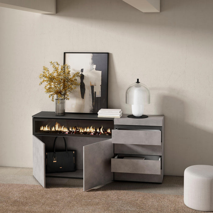 Credenza, 157x35x75cm, Camera da letto, Camino elettrico, Cassettiera, grigio cemento RF3406
