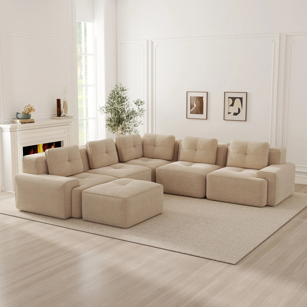 Divano angolare modulare con seduta profonda e schienale adattabile in tessuto cord beige