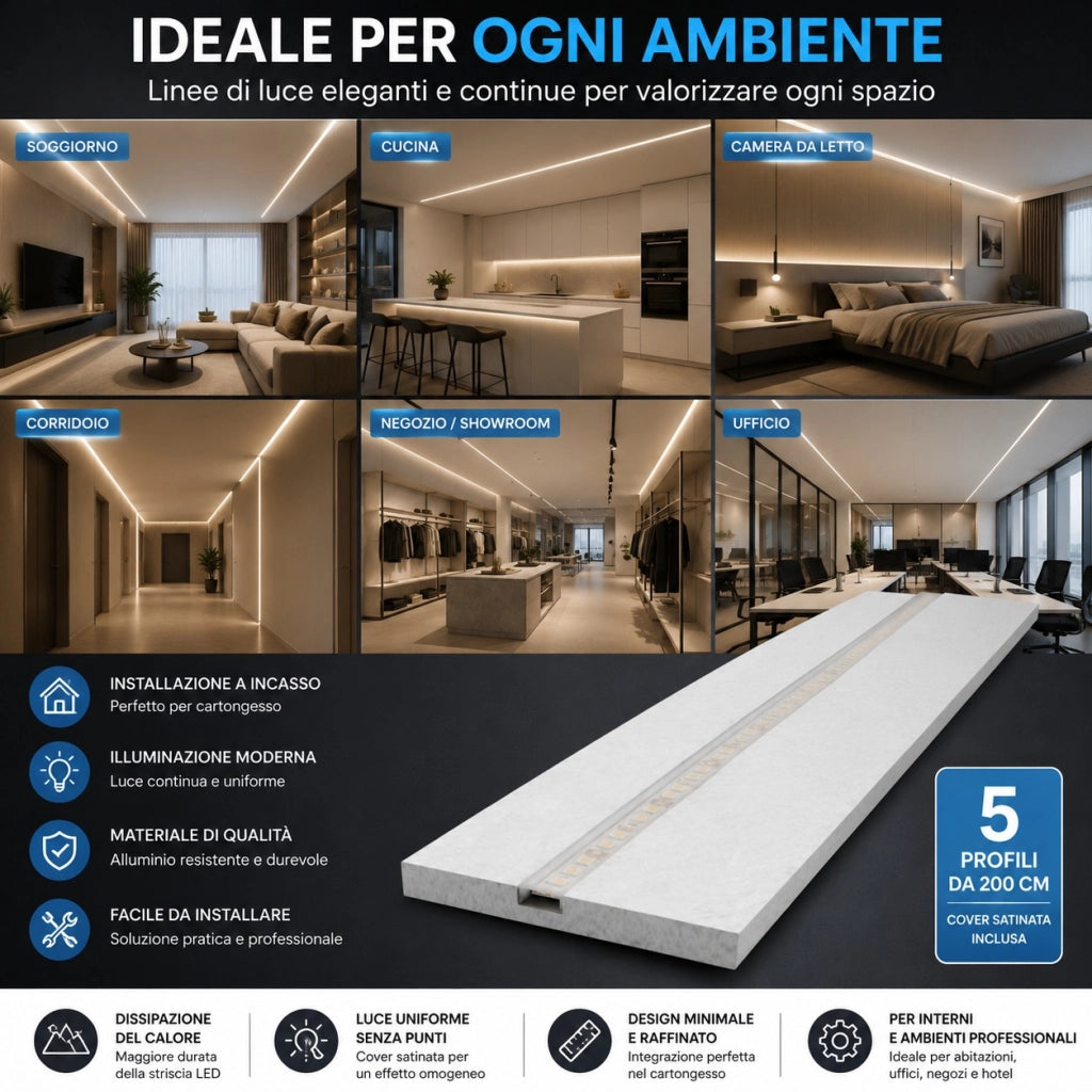 Kit 5 Profili in Alluminio da Incasso per Cartongesso 200 cm con Cover Satinata | Profilo per Strisce LED larghezza interna 12 mm