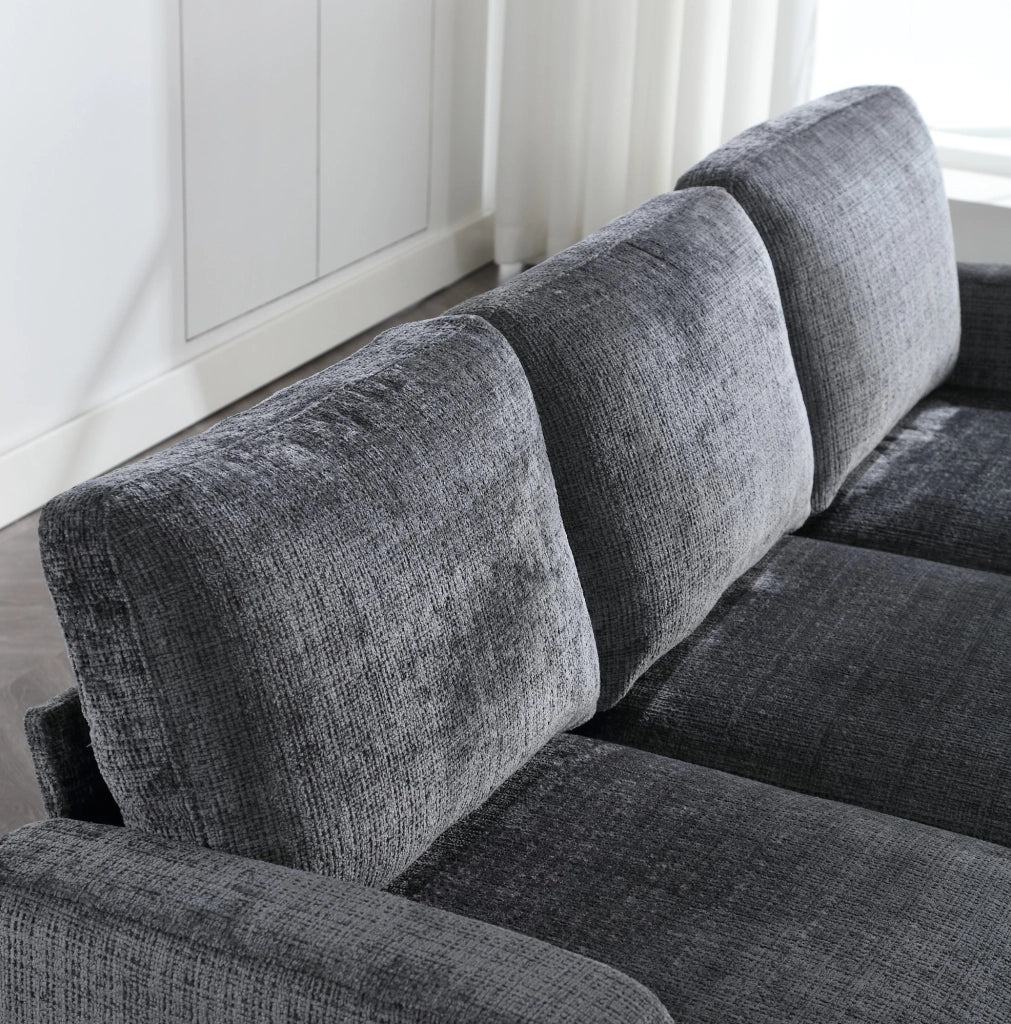 Divano 4 posti 196.5x75x77 cm con pouf contenitore; braccioli con porta bicchieri; chenille grigio