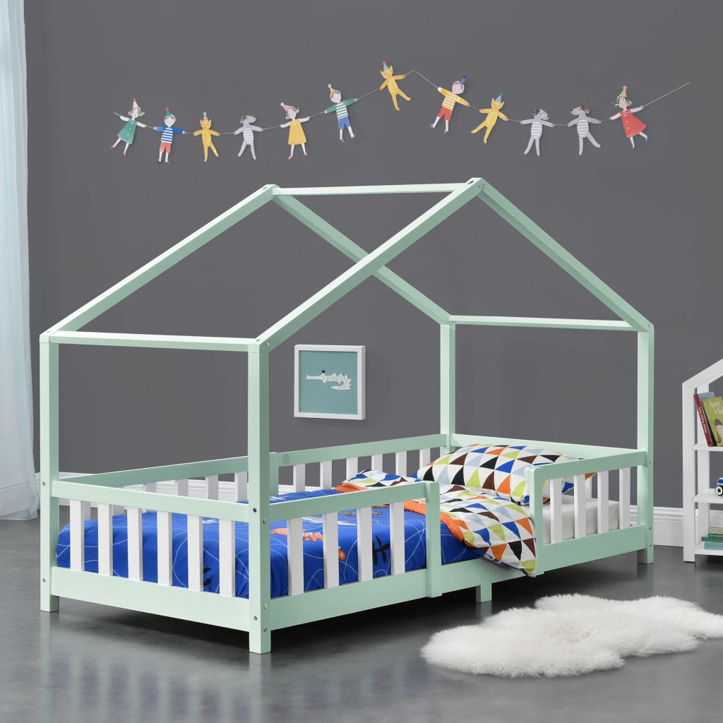 Letto per Cameretta Treviolo a Forma di Casetta 90x200 cm Menta / Bianco [en.casa]
