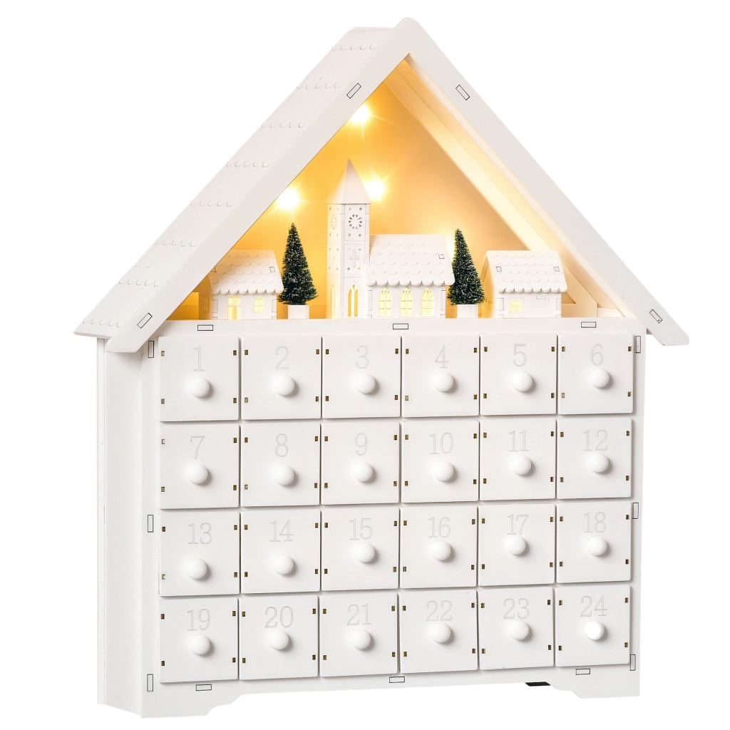 Calendario dell'Avvento in Legno con 24 Cassetti e Luci LED ¨C zephmum ¨C Bianco 39x9x42 cm