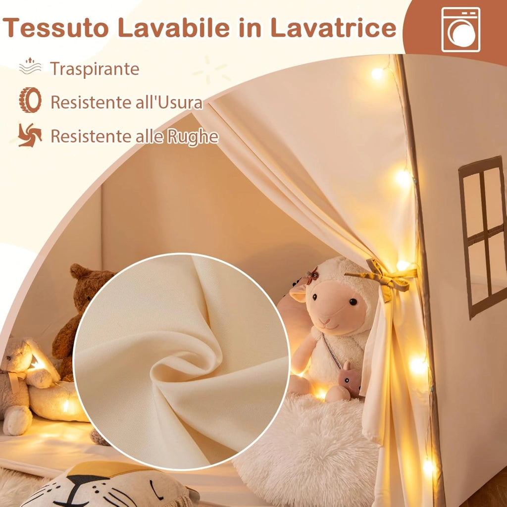 Tenda per Bambini con Luci Fatate e Bandierine, Tenda Casetta da Gioco con 2 Finestre, Tenda Gioco Castello Portatile per Interni ed Esterni, 157 x 98 x 148 cm (Marrone e beige)