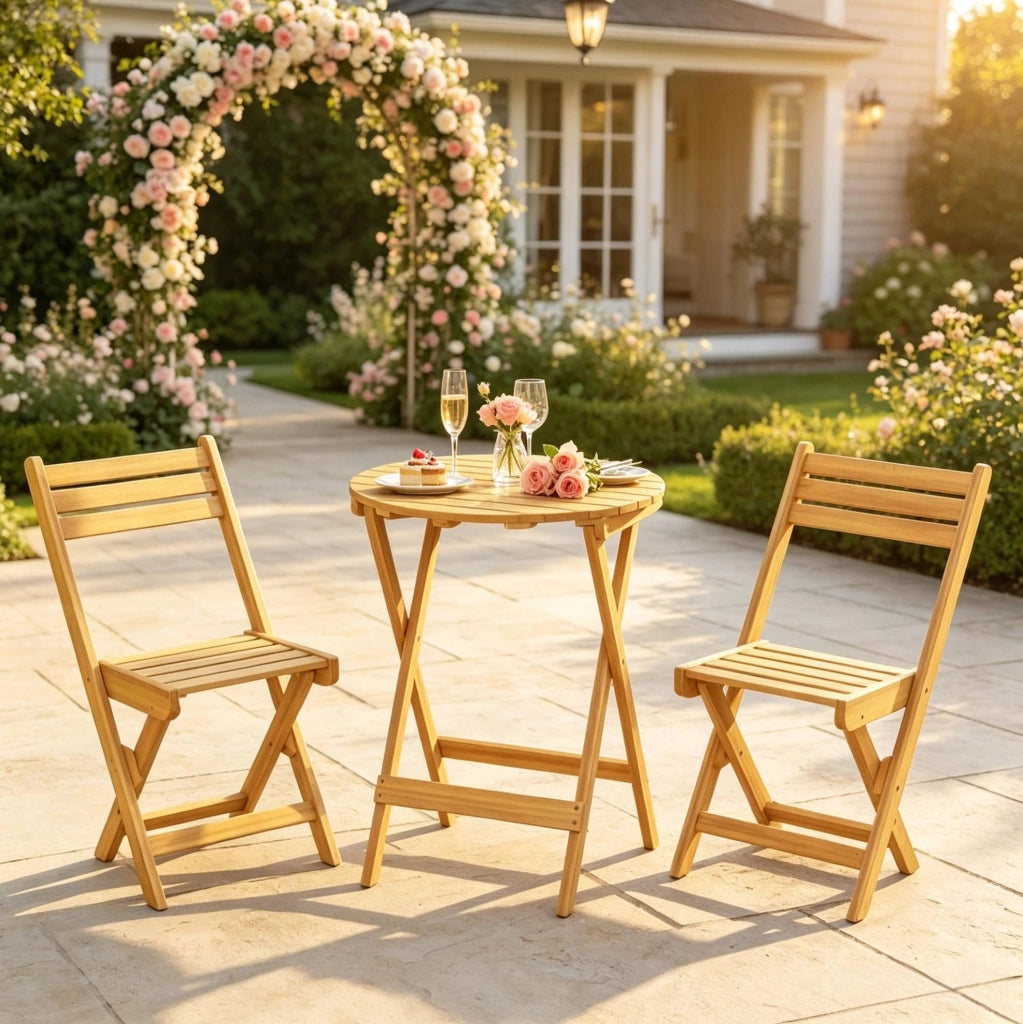 Set bistrot pieghevole da esterno con tavolo Ø 60 cm e 2 sedie in legno di acacia naturale