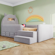 Letto per bambini 90x200 cm con testiera con contenitore; luce notturna e USB; rivestito grigio chiaro