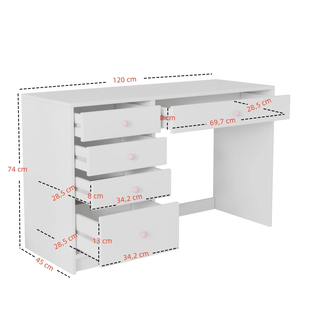 Scrivania lineare con 5 cassetti e maniglie in ceramica rosa, per cameretta e camera da letto, bianco, 120 × 45 × 74 cm