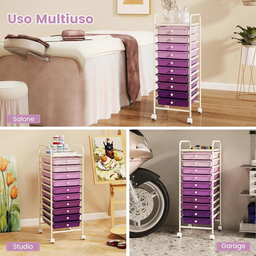 Carrello con 10 Cassetti da Stoccaggio, Cassettiera di Metallo e Plastica, Contenitore Multiuso con Ruote a Freno, per Casa e Ufficio (Viola)