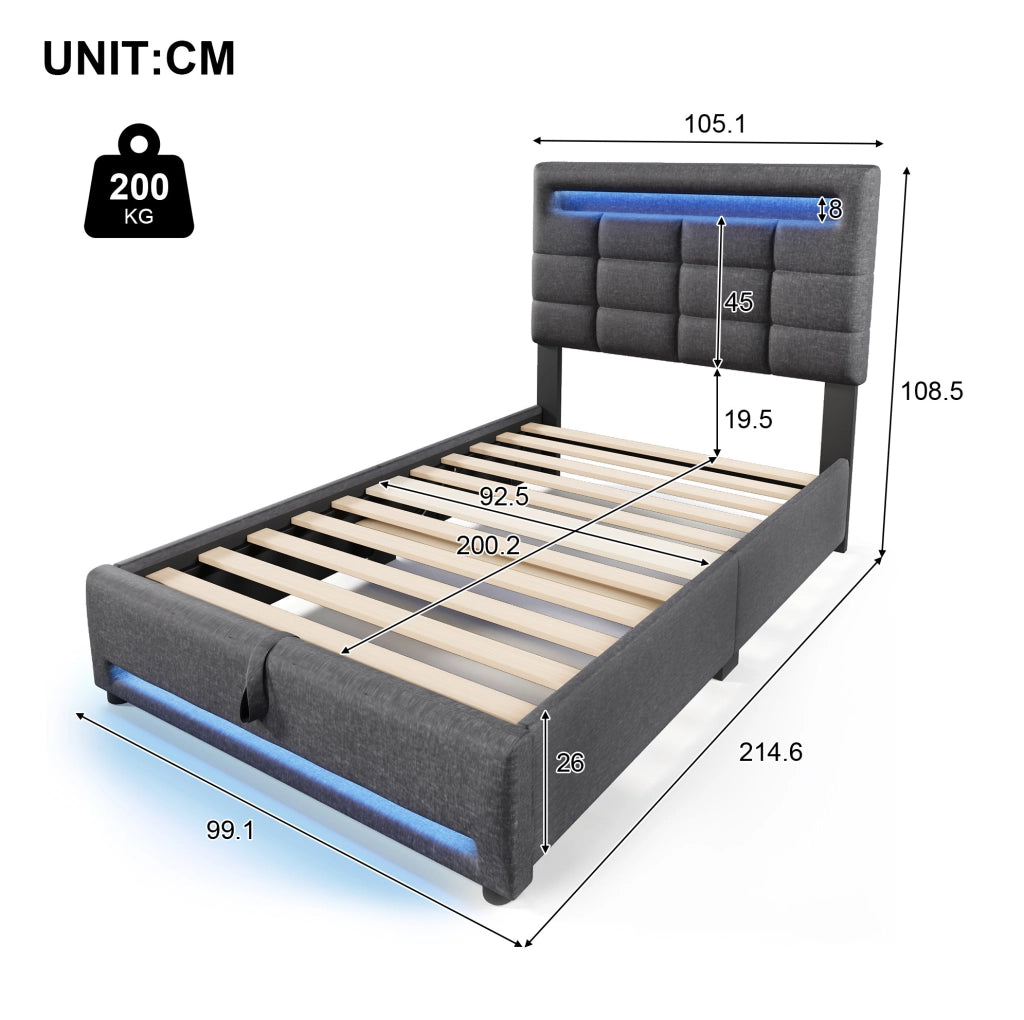 Letto imbottito 90x200 cm con contenitore e LED in lino grigio