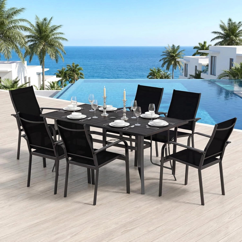 Tavolo da Giardino a 6 Posti in Metallo, Tavolo Esterno con Fori di Ombrellone, 160 x 84 x 73 cm, per Balcone, Terrazzo, Campeggio, Pranzo, Rettangolare, Resistente, Portata 150 kg