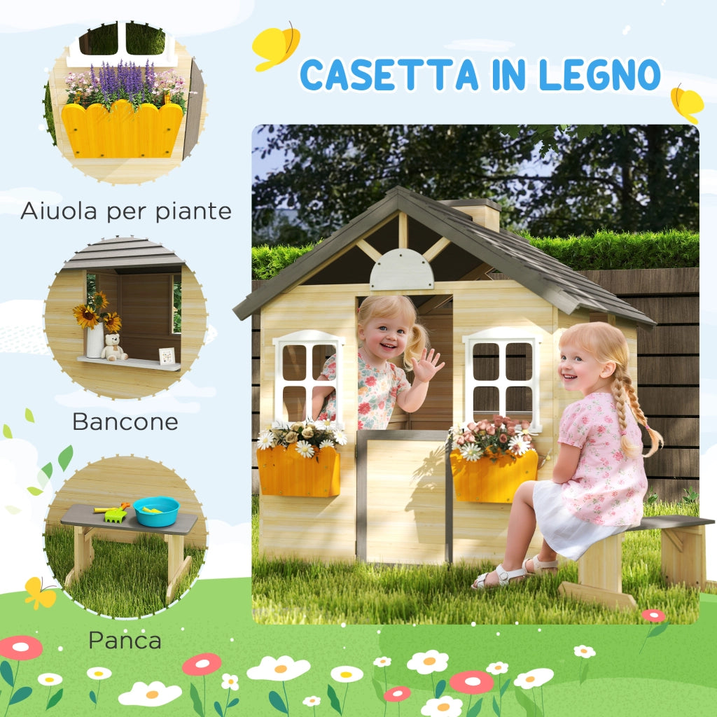 Casetta per Bambini con Panchina ¨C Zephmum ¨C Legno di Pino 113x94x134.5 cm