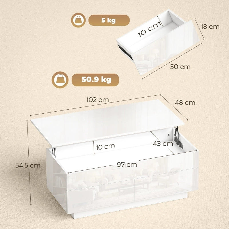 TAVOLO Caffè sollevabile 102x48x40 cm Bianco lucido con 2 cassetti