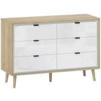 Cassettiera con 6 Cassetti in Legno per Camera da Letto, 110x40x75 cm, Bianco Lucido e Rovere