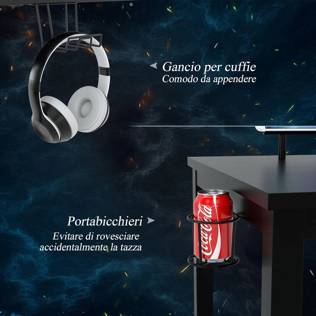 Scrivania da Gaming da 140 cm, Scrivania Ergonomica con Portabicchieri, Mensola per Monitor, Gancio per Cuffie, Cestino Portaoggetti, Scaffale per Supporti Multimediali e Piedini Regolabili