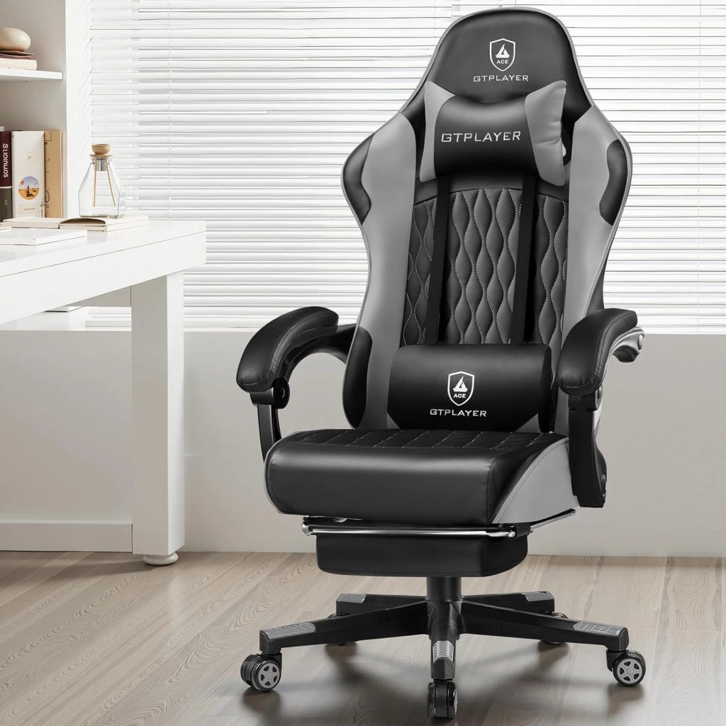 Sedia da gaming, sedia da gamer, sedia da ufficio ergonomica, con lombi e cuscini regolabili con poggiapiedi, sedia da gioco imbottita, portata 150 kg, colore grigio