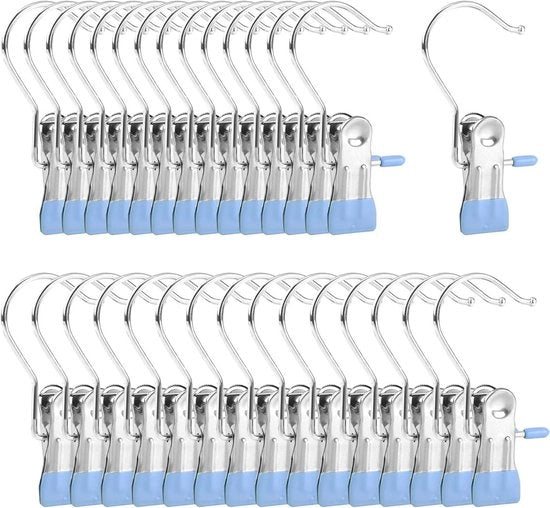 Hanger per scarpe da 30 pezzi - Mini-hanger per abbigliamento con appoggio asciugamano senza cucire - Hanger per calze con appoggio asciugamano - Metallo blu

 Specifiche tecniche:
 - Materiale: Metallo
 - Colore: Blu