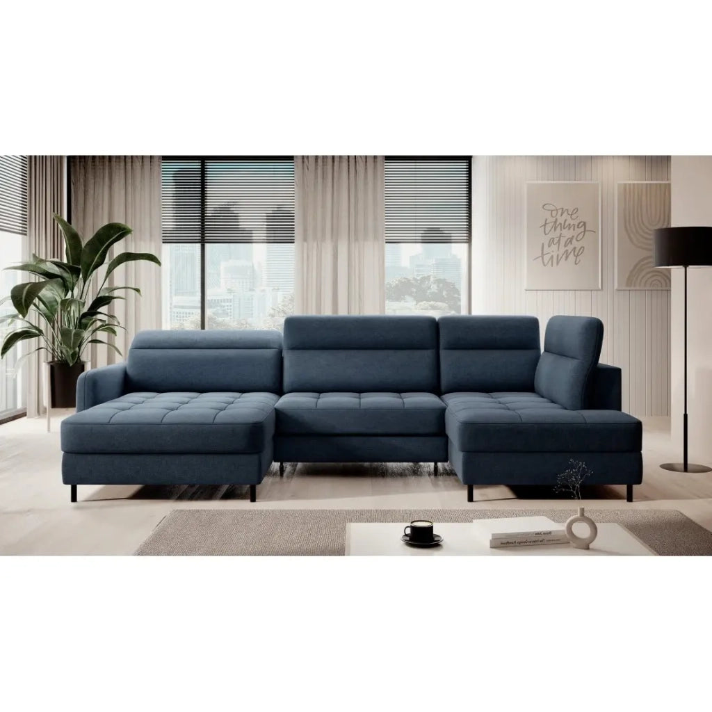 Divano ad angolo convertibile BERTHO 306 cm blu notte – Angolo sinistro con contenitore
