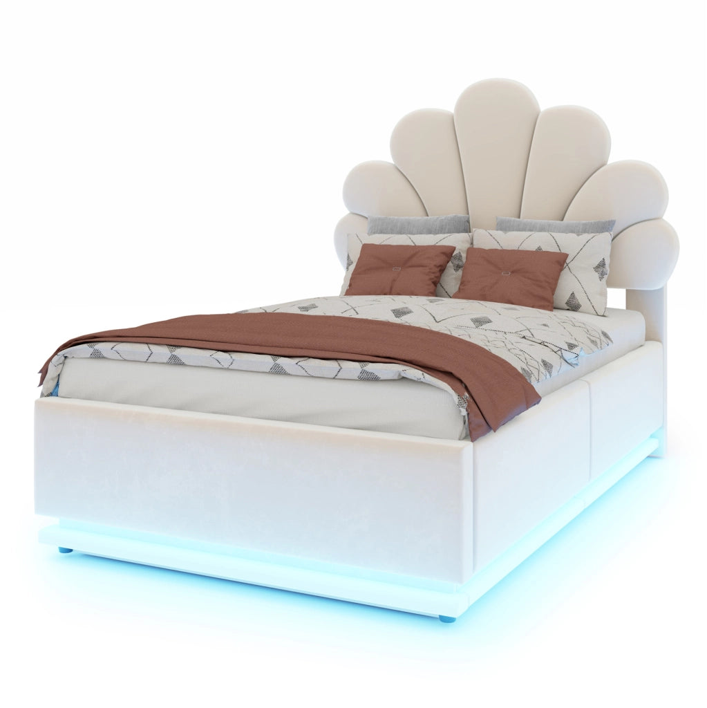 Letto imbottito 90x200 beige con vano contenitore e LED
