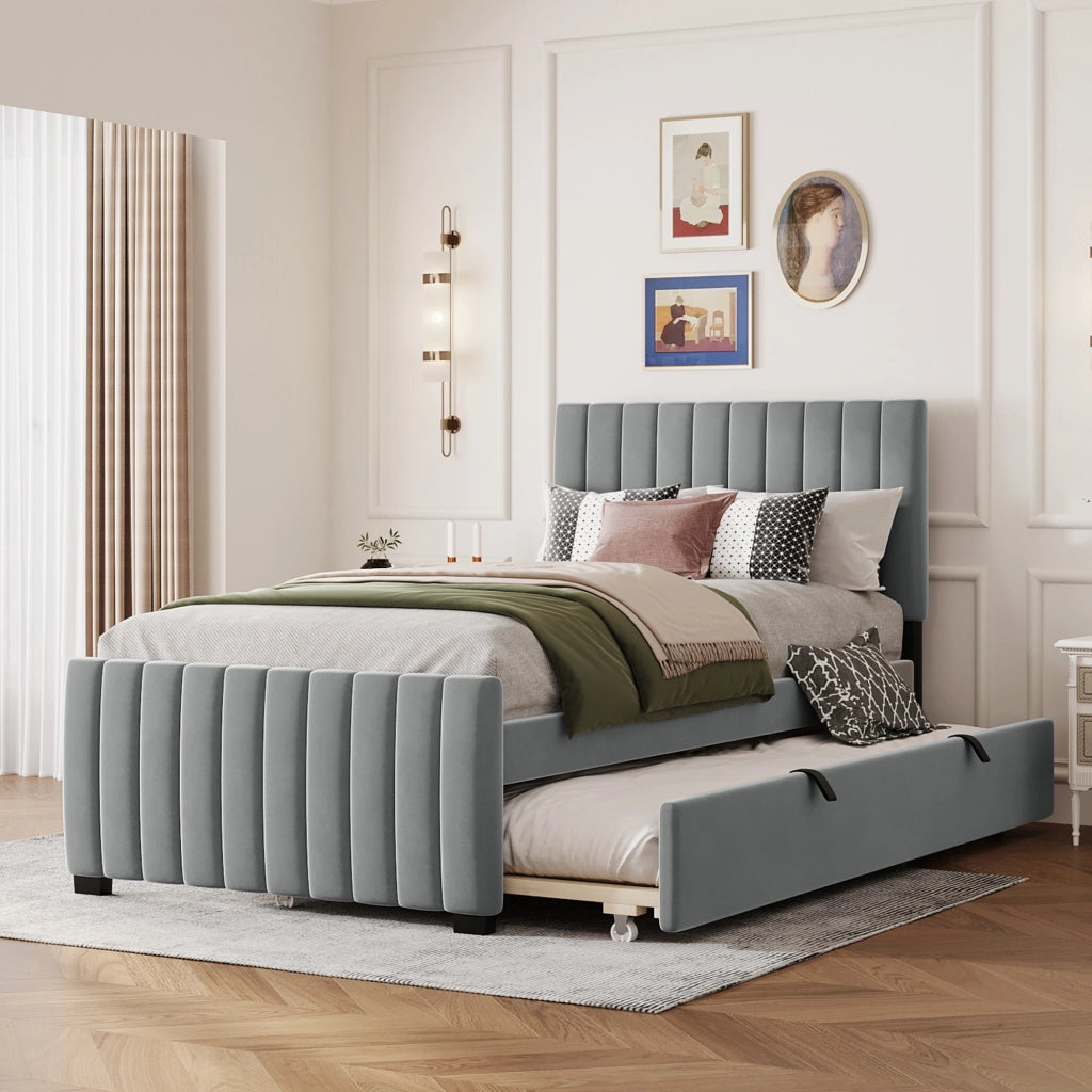 OKWISH Letto estraibile 90×190 cm, Letto Singolo con Testiera Imbottita e Letto a Scomparsa, senza Materasso, in Velluto, Grigio