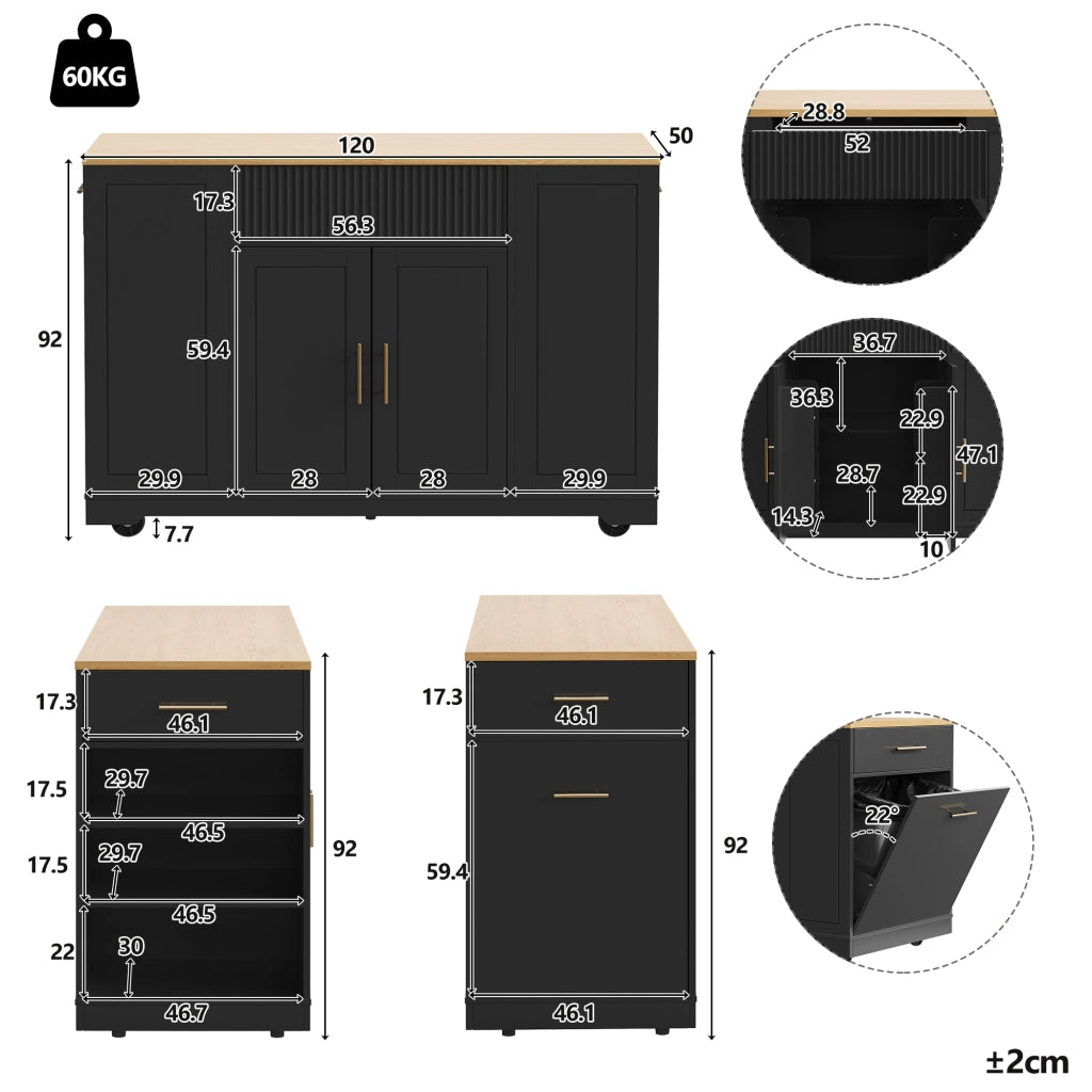 Carrello da Cucina con 2 Ante; 3 Cassetti; Vano per Rifiuti e 5 Ruote; in MDF e Metallo; 120x50x92 cm